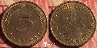 Германия 5 пфеннигов 1988 года D, KM# 107, 168j-088