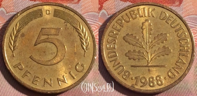 Германия 5 пфеннигов 1988 года D, KM# 107, 263a-003