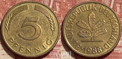 Германия 5 пфеннигов 1988 D, KM# 107, 408q-014