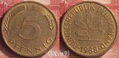 Германия 5 пфеннигов 1988 года F, KM# 107, 188m-078