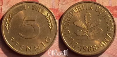 Германия 5 пфеннигов 1988 года G, KM# 107, 272n-048