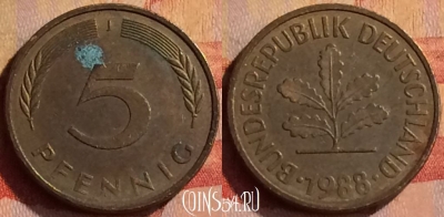 Германия 5 пфеннигов 1988 года J, KM# 107, 312n-124