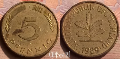 Германия 5 пфеннигов 1989 года J, KM# 107, 041n-051