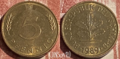 Германия 5 пфеннигов 1989 года J, KM# 107, 082s-063