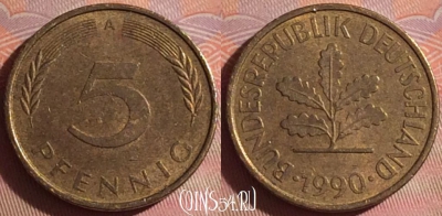 Германия 5 пфеннигов 1990 года A, KM# 107, 049i-024