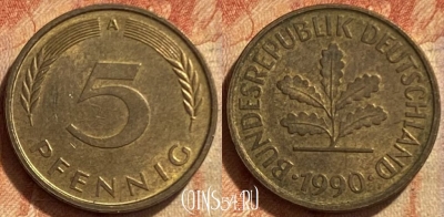 Германия 5 пфеннигов 1990 года A, KM# 107, 304q-123