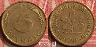 Германия 5 пфеннигов 1990 года A, KM# 107, 397-023