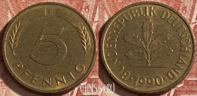 Германия 5 пфеннигов 1990 F, KM# 107, 072q-041