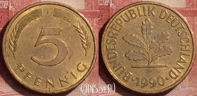 Германия 5 пфеннигов 1990 года J, KM# 107, 180l-082