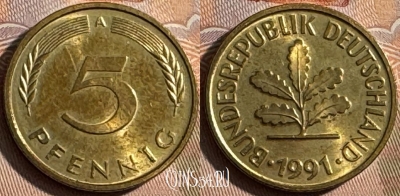 Германия 5 пфеннигов 1991 года A, KM# 107, 253s-129
