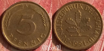 Германия 5 пфеннигов 1991 года A, KM# 107, 332n-021