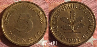 Германия 5 пфеннигов 1991 года A, KM# 107, 361-117