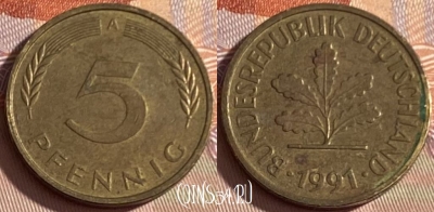 Германия 5 пфеннигов 1991 года A, KM# 107, 373p-131