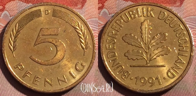 Германия 5 пфеннигов 1991 года D, KM# 107, 260a-042
