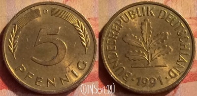 Германия 5 пфеннигов 1991 года D, KM# 107, 328n-124