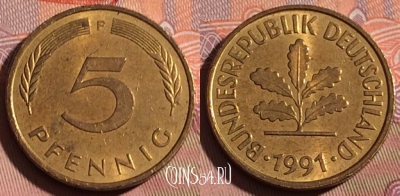 Германия 5 пфеннигов 1991 года F, KM# 107, 214b-132