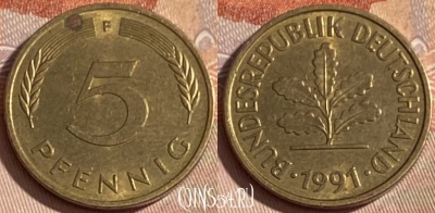Германия 5 пфеннигов 1991 F, KM# 107, 393p-135