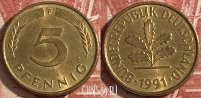 Германия 5 пфеннигов 1991 F, KM# 107, 474r-137 ♛
