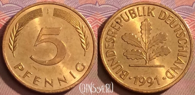 Германия 5 пфеннигов 1991 года J, KM# 107, 089l-111