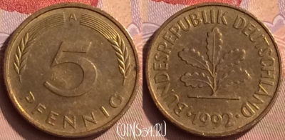 Германия 5 пфеннигов 1992 года A, KM# 107, 450-004