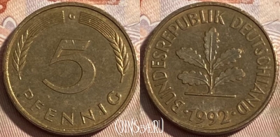 Германия 5 пфеннигов 1992 G, KM# 107, 498р-020 ♛