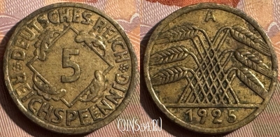 Германия 5 рейхспфеннигов 1925 A, KM# 39, 379s-035