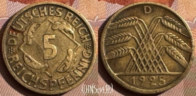 Германия 5 рейхспфеннигов 1925 D, KM# 39, 373s-108