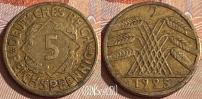 Германия 5 рейхспфеннигов 1925 J, KM# 39, 384p-136