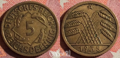 Германия 5 рейхспфеннигов 1935 A, KM# 39, 350-107