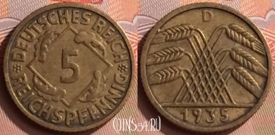 Германия 5 рейхспфеннигов 1935 D, KM# 39, 420-140