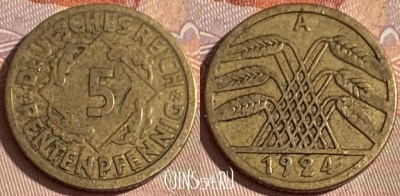 Германия 5 рентенпфеннигов 1924 A, KM# 32, 388p-020