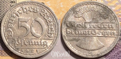 Германия 50 пфеннигов 1921 года J, KM# 27, 137-112