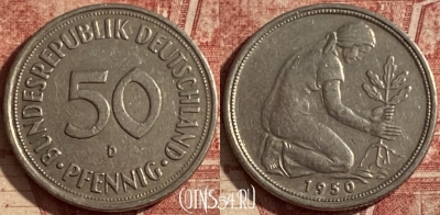 Германия 50 пфеннигов 1950 D, KM# 109, 099q-089