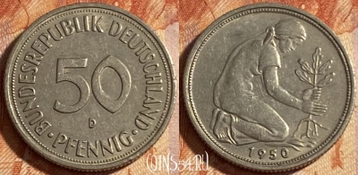 Германия 50 пфеннигов 1950 D, KM# 109, 490р-139