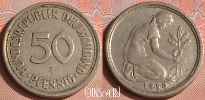 Германия 50 пфеннигов 1950 года J, KM# 109, 312o-001