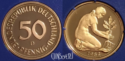Германия 50 пфеннигов 1982 D, KM# 109, PROOF, 401o-044