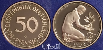Германия 50 пфеннигов 1986 G, KM# 109, PROOF, 401o-034