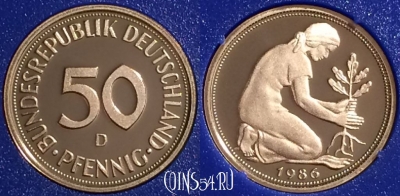 Германия 50 пфеннигов 1986 D, KM# 109, PROOF, 401o-082
