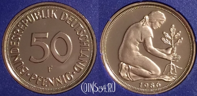 Германия 50 пфеннигов 1986 F, KM# 109, PROOF, 401o-092