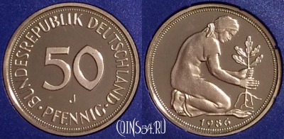 Германия 50 пфеннигов 1986 J, KM# 109, PROOF, 401o-102