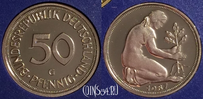 Германия 50 пфеннигов 1987 G, KM# 109, PROOF, 401o-024