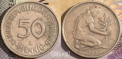Германия 50 пфеннигов 1990 года A, KM# 109.2, 158-073