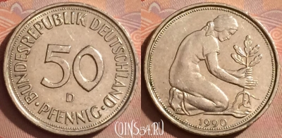 Германия 50 пфеннигов 1990 года D, KM# 109, 376k-112