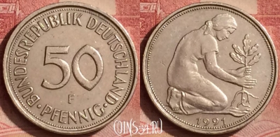 Германия 50 пфеннигов 1991 года F, KM# 109, 070l-064