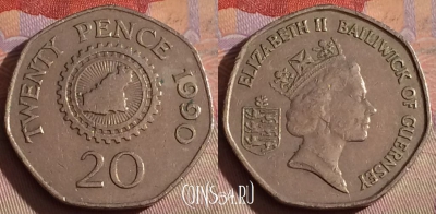 Гернси 20 пенсов 1990 года, KM# 44, 332-102