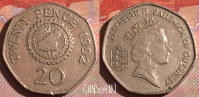 Гернси 20 пенсов 1992 года, KM# 44, 262c-091 ♛