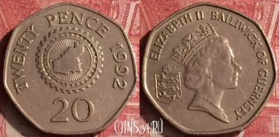 Гернси 20 пенсов 1992 года, KM# 44, 454o-126 ♛