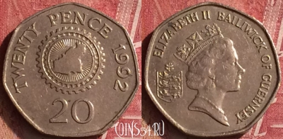 Гернси 20 пенсов 1992 года, KM# 44, 455o-095