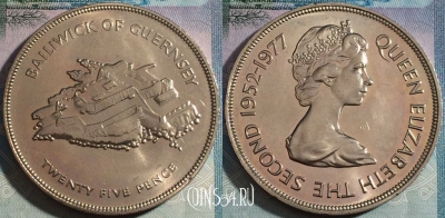 Гернси 25 пенсов 1977 года, 28.28 гр.!!!, KM# 31, a087-145