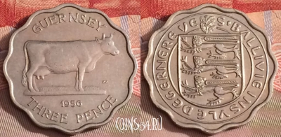 Гернси 3 пенса 1956 года, thin flan, KM# 17, 282b-035